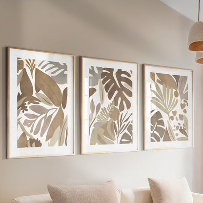 Set of 3 botanical wall prints – beige tropical art in pastel tones for mid-century modern spaces