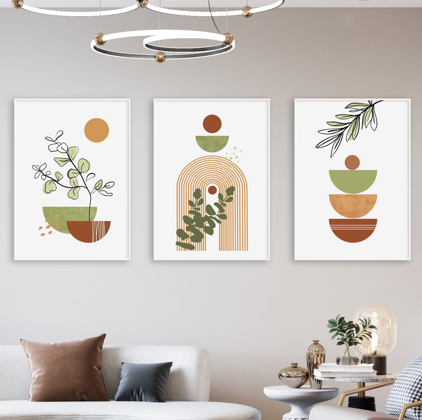 Art set with leaf designs and geometric compositions in soft earthy palette.


