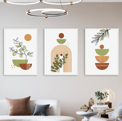 Art set with leaf designs and geometric compositions in soft earthy palette.

