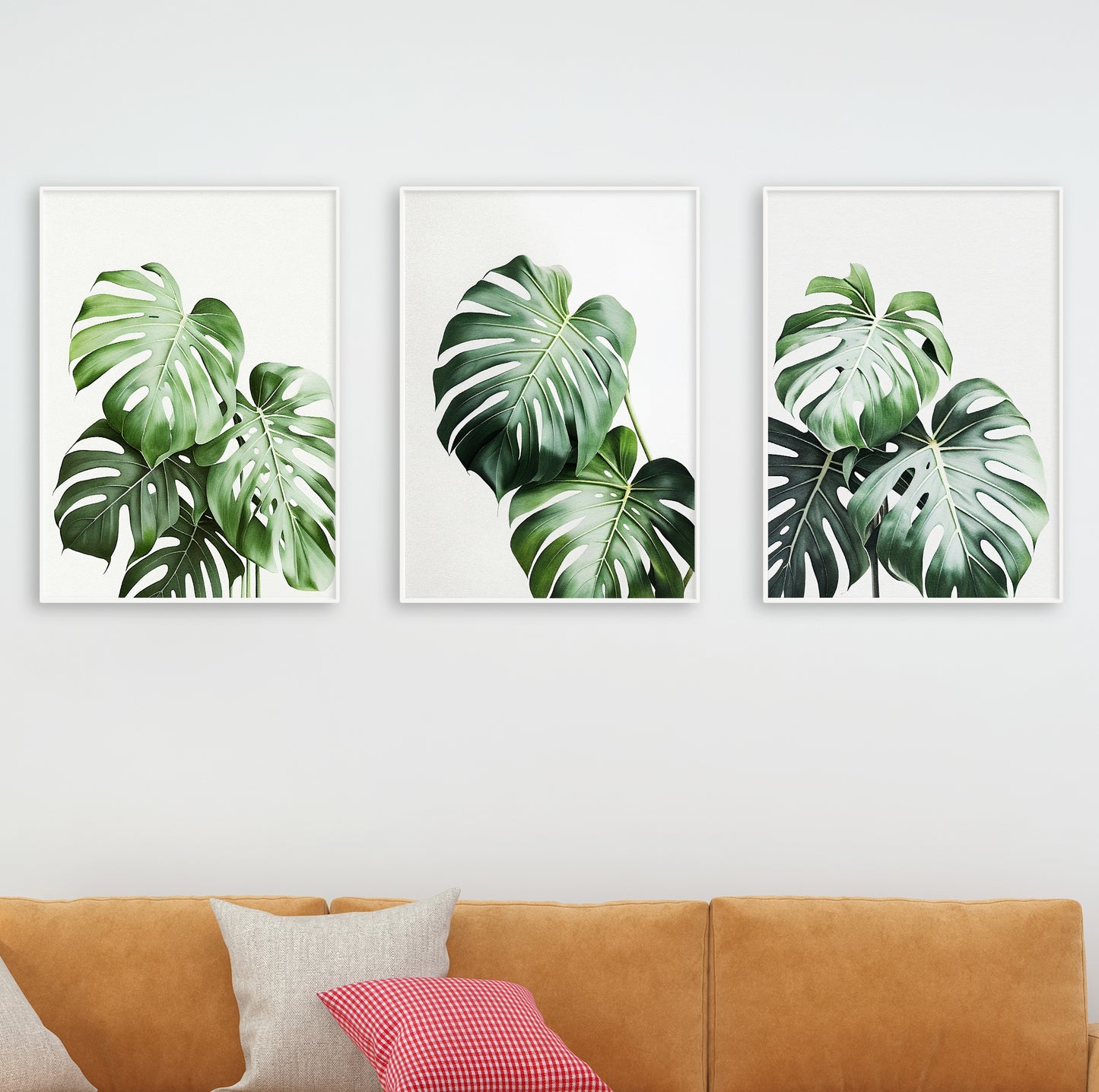 Clean, fresh wall art with stylized monstera leaves in lush green tones.

