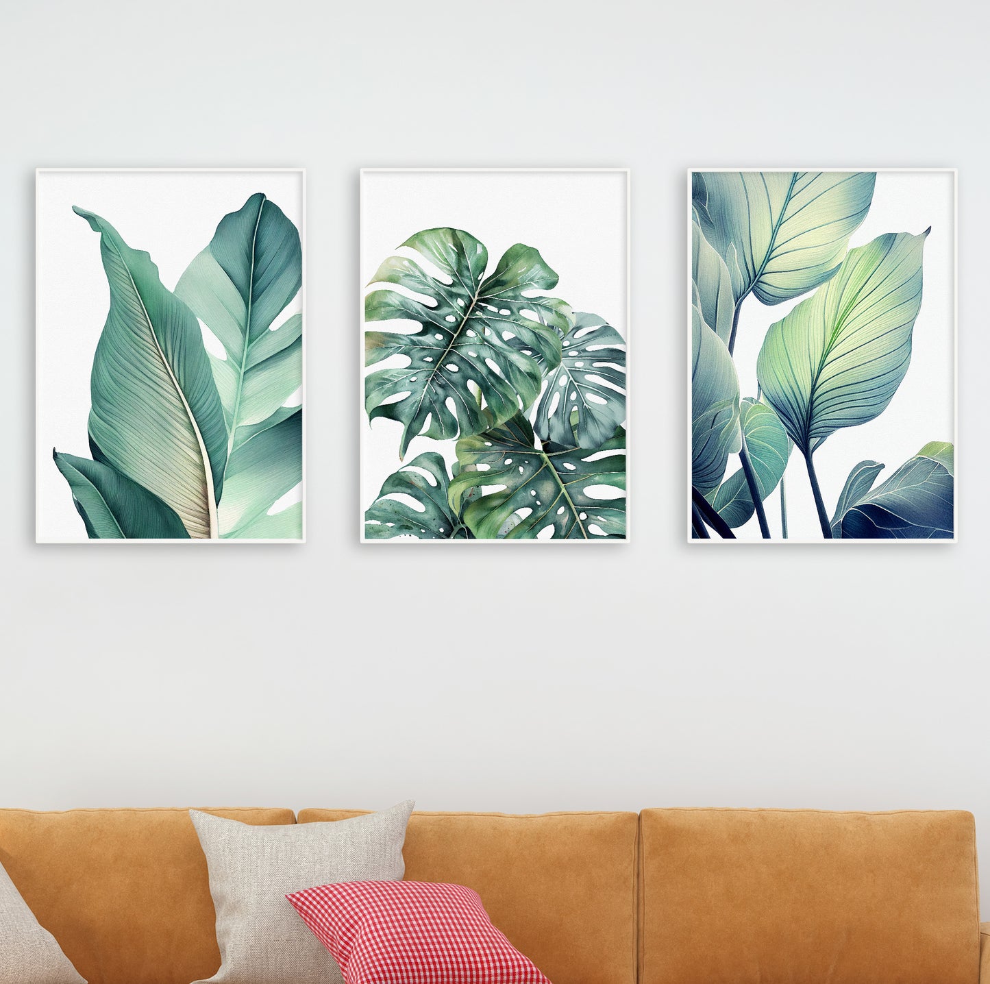 Art print set celebrating lush plant textures in cool greens – ideal for natural home styling.

