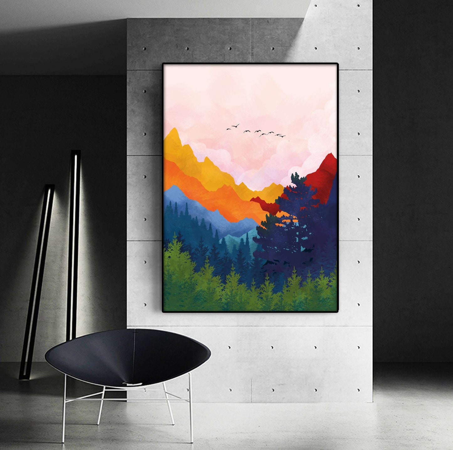 Abstract colorful mountains in Nordic wall art, modern vibrant landscape print.