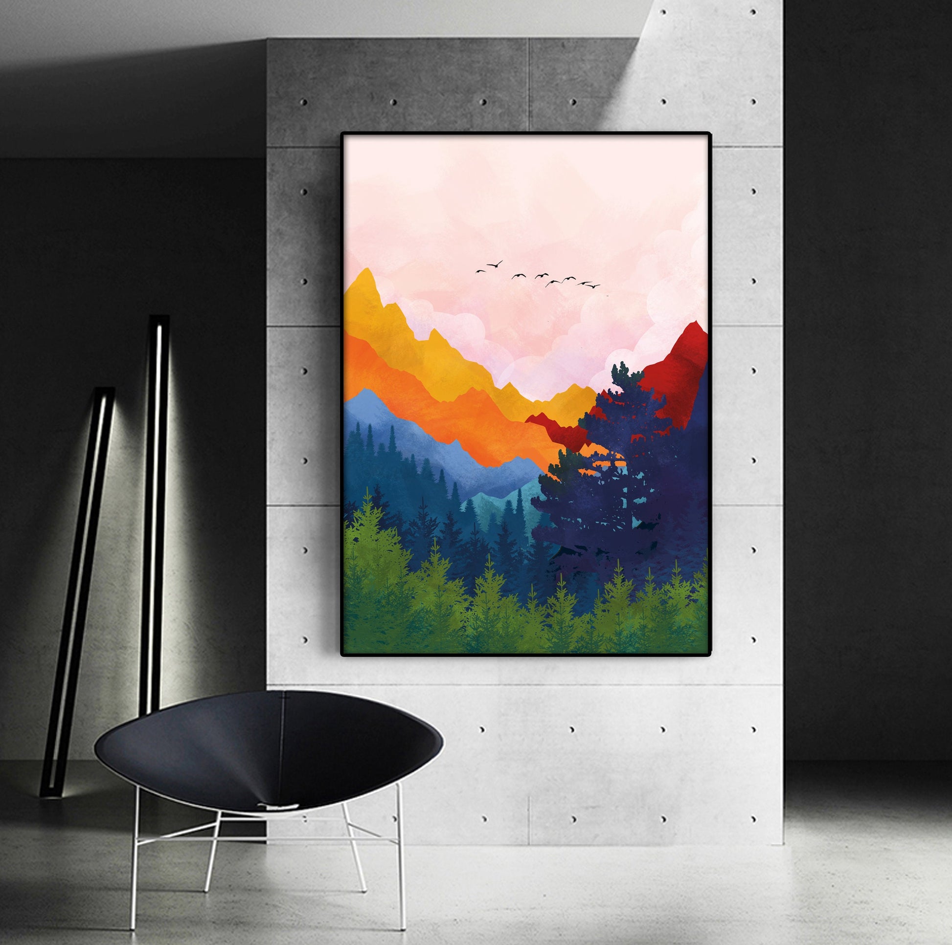 Abstract colorful mountains in Nordic wall art, modern vibrant landscape print.