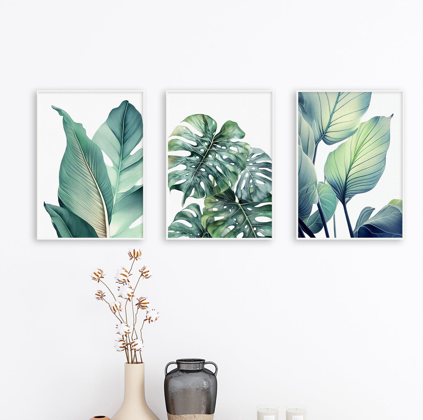 Elegant calathea-style tropical leaf artwork in deep green and blue-green tones with soft finish.

