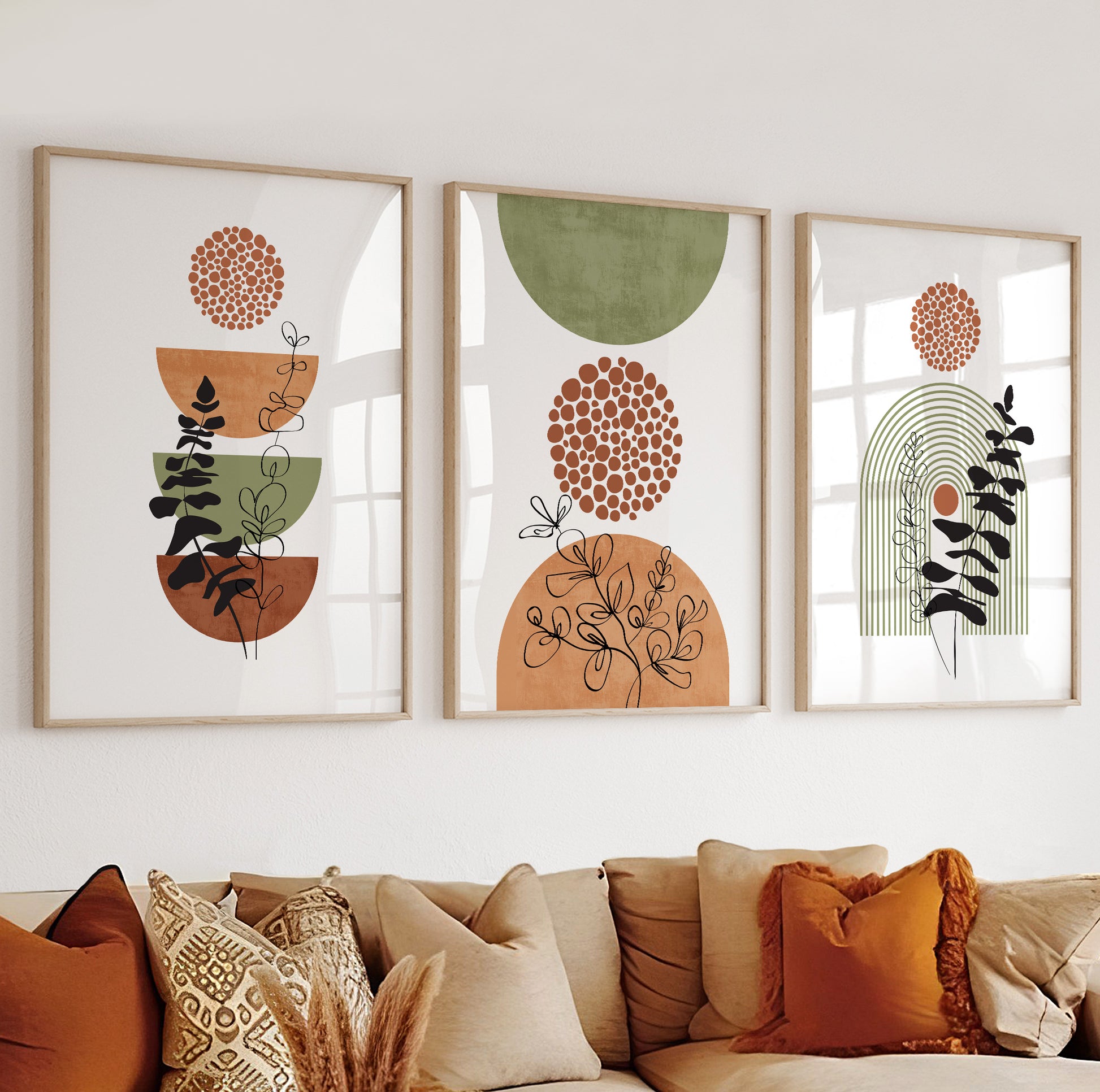 Botanical line drawing with round terracotta dots and olive background shape.

