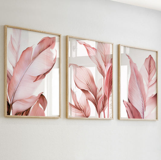 A soft close-up of a pink tropical leaf illustration, designed in a minimalist modern style with gentle shading.

