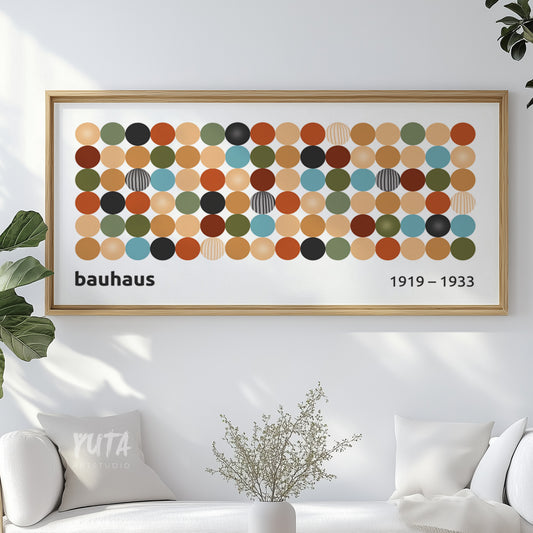 Horizontal Bauhaus print with colorful geometric shapes, retro mid century modern abstract wall art for living room or office decor