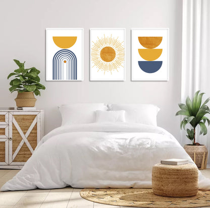 Colorful boho triptych in blue and mustard tones, perfect for trendy living room decor.