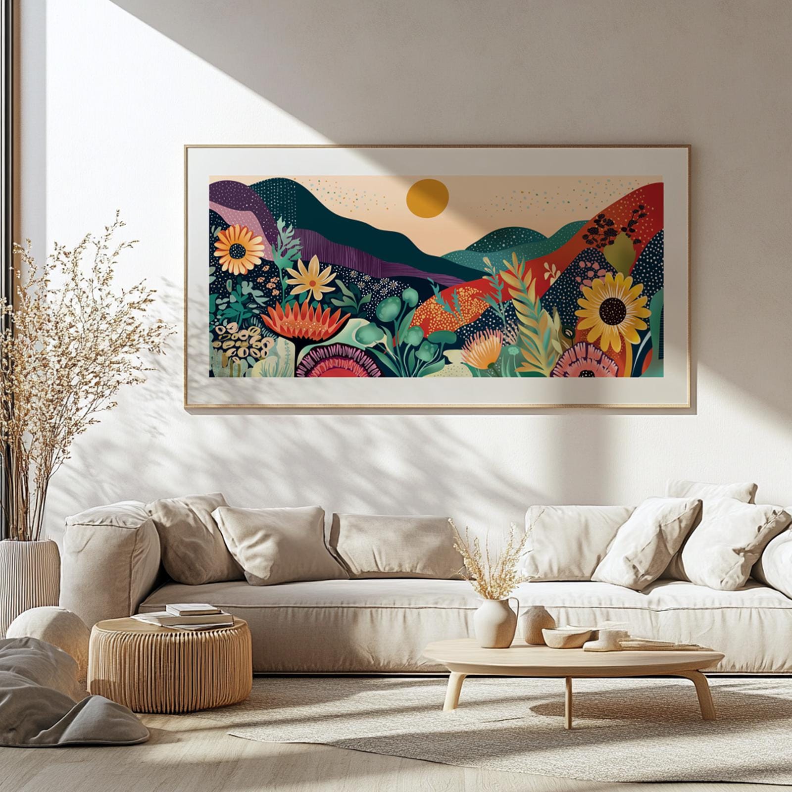 Panoramic abstract mountain wall art inspired by Yayoi Kusama, featuring colorful floral shapes and vibrant nature elements in a long narrow format.
