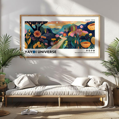 Modern abstract Japanese poster – panoramic mountains with floral sunset in Kusama’s visual style.