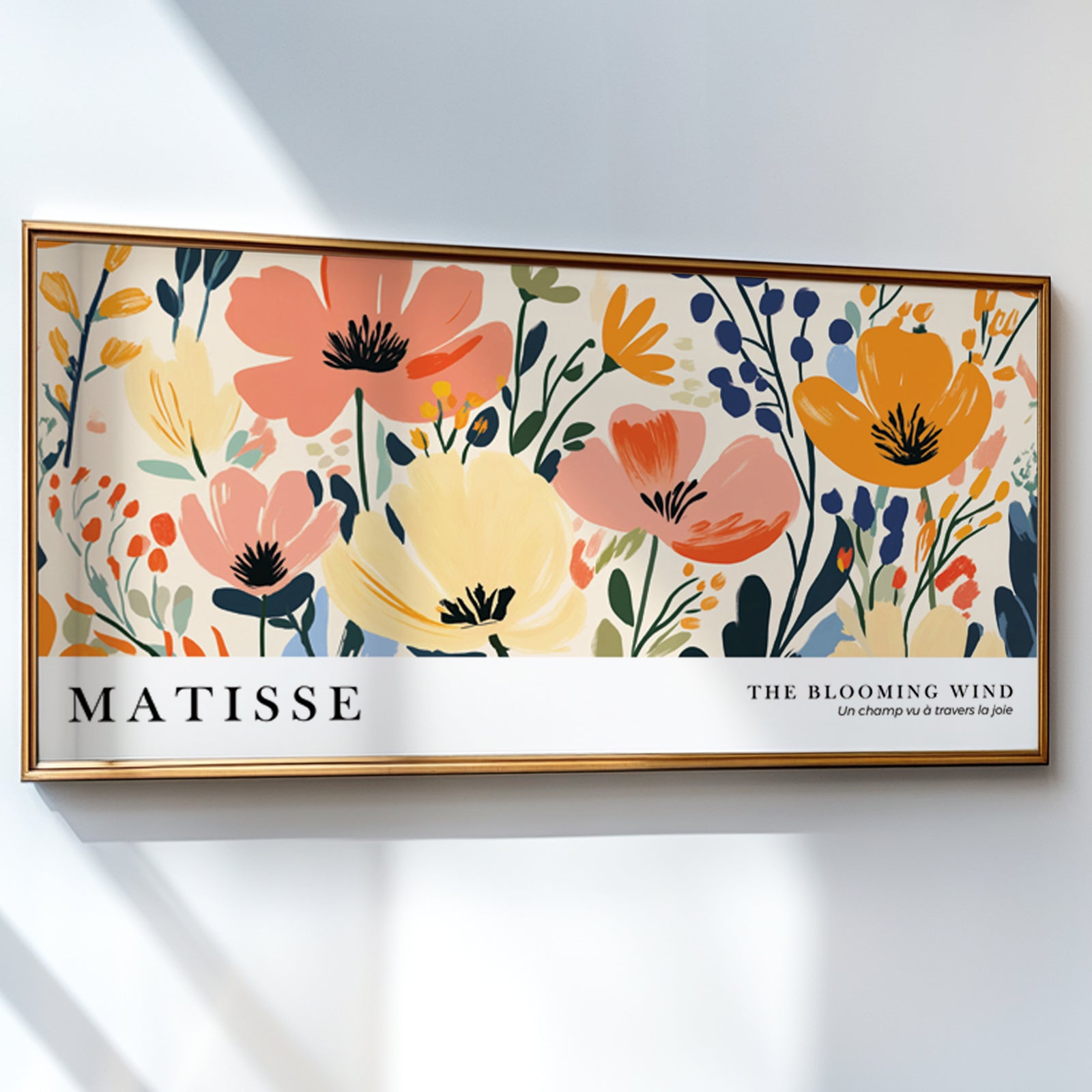 Colorful wild flowers wall art inspired by Henri Matisse, oversized horizontal floral print for modern home decor.