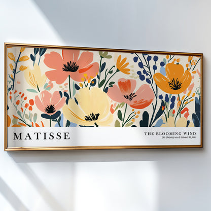 Colorful wild flowers wall art inspired by Henri Matisse, oversized horizontal floral print for modern home decor.