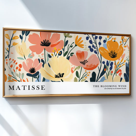 Colorful wild flowers wall art inspired by Henri Matisse, oversized horizontal floral print for modern home decor.