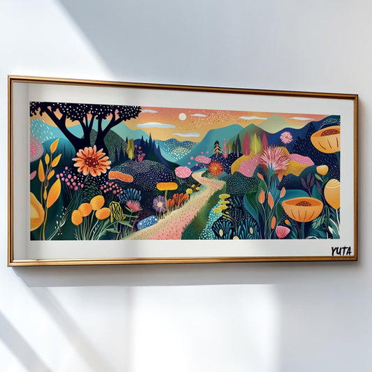 Colorful mountains large long narrow wall art, abstract nature wall decor, japandi wall art, vibrant panoramic print for above bed decor - Mountain wall art