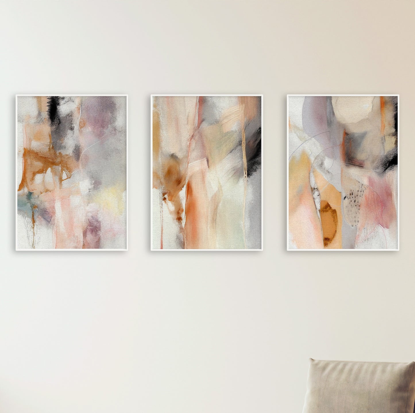 Contemporary pastel wall art set of three canvas prints for stylish interiors.