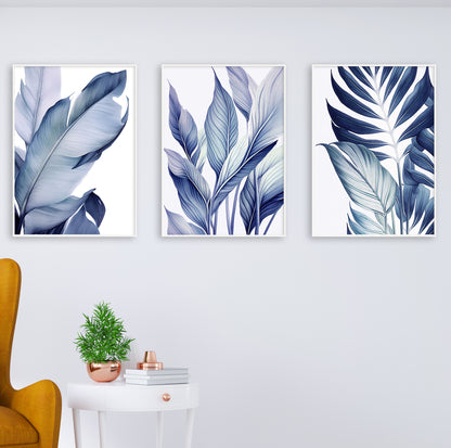 Artfully styled room corner with tropical leaf prints and real green plants for a nature-inspired and calming effect.

