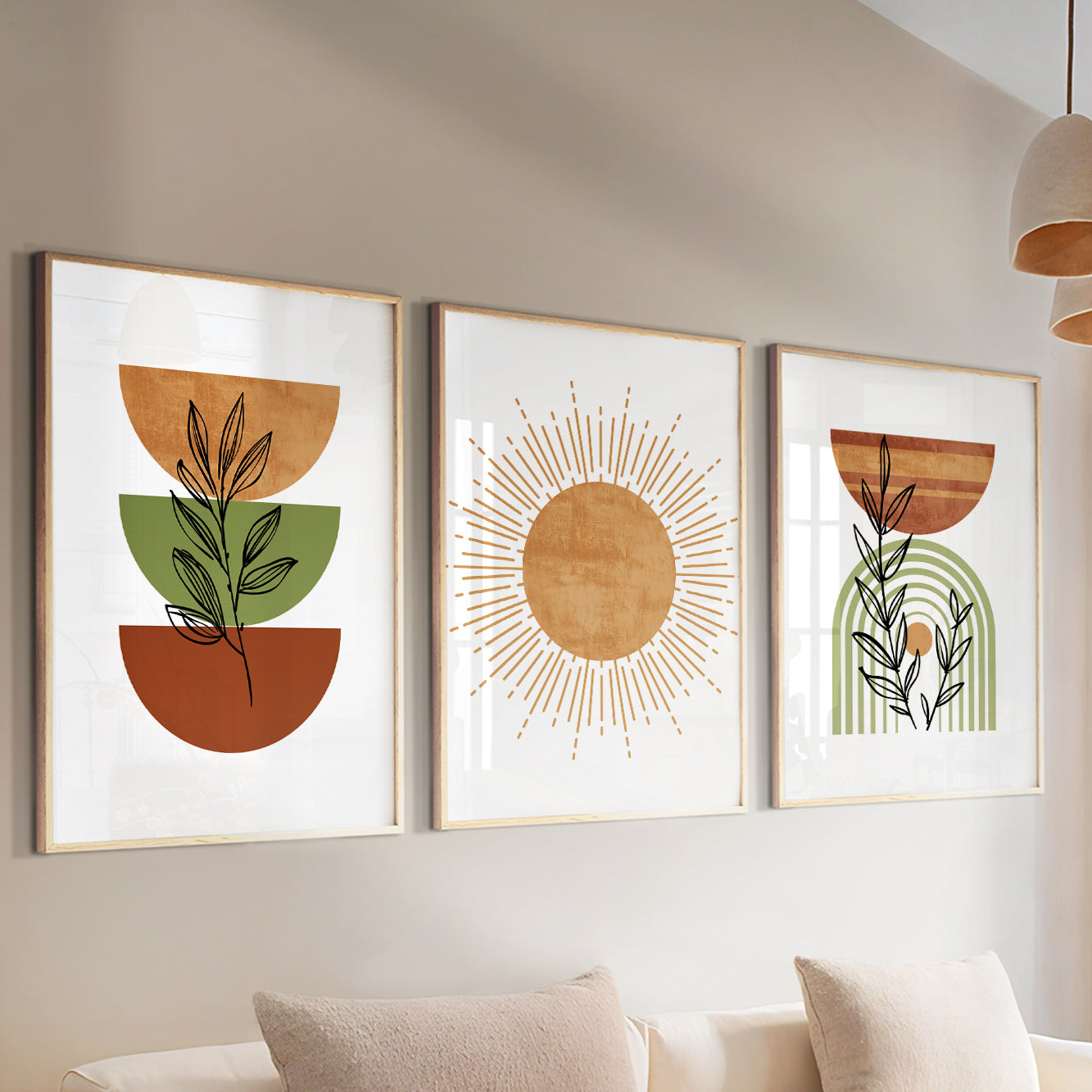 Terracotta Green Mid Century Boho Gallery Wall Set of 3 – Neutral Bohemian Wall Art for Living Room or Bedroom