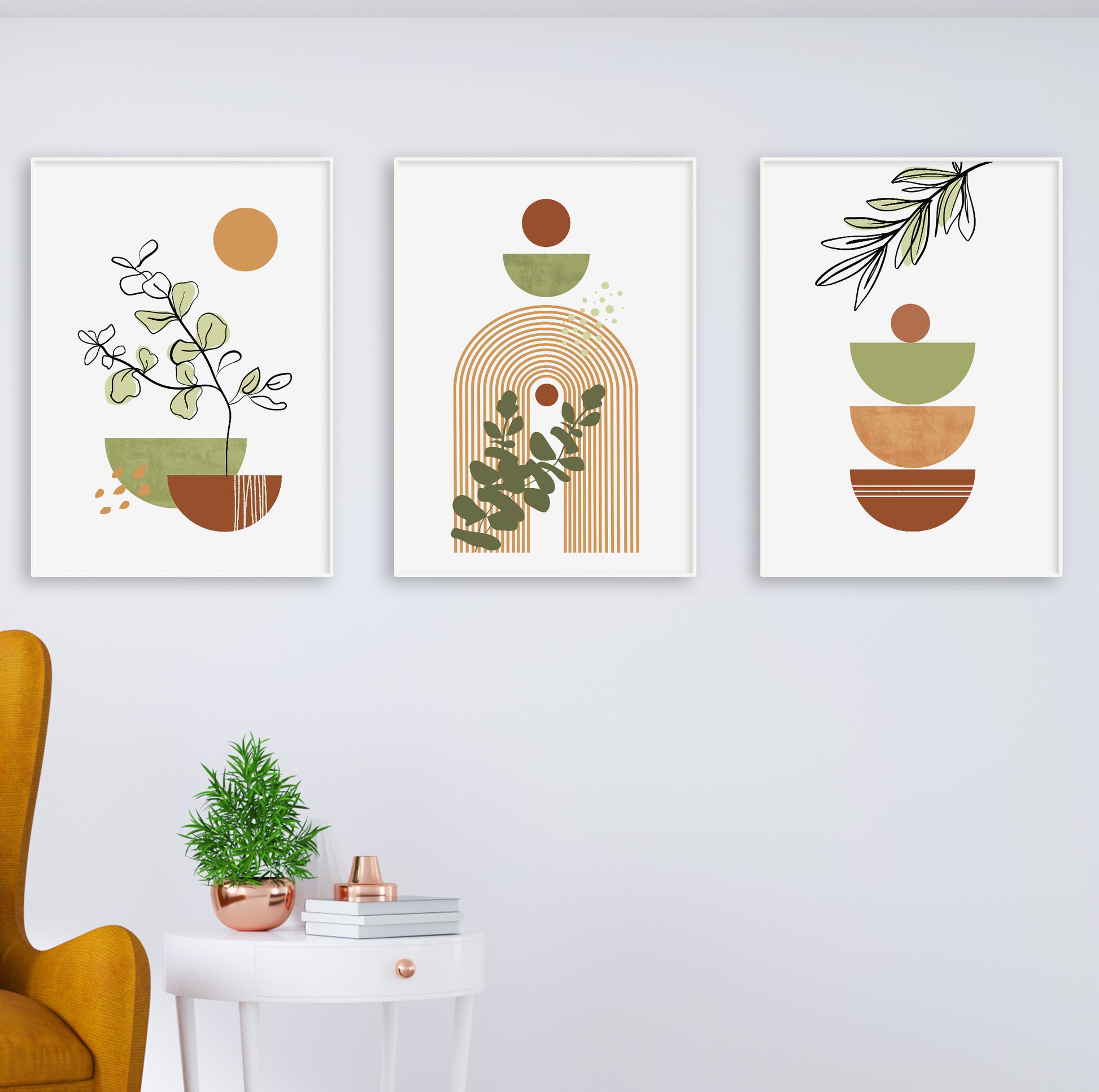 Wall prints blending organic forms and bold color blocks for a calming interior.

