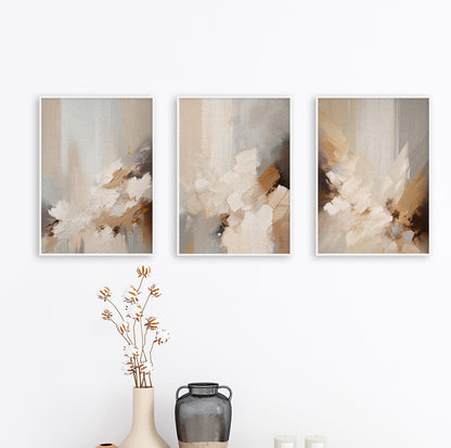 Textured abstract wall poster with natural warm tones and layered painterly shapes in brown and beige.

