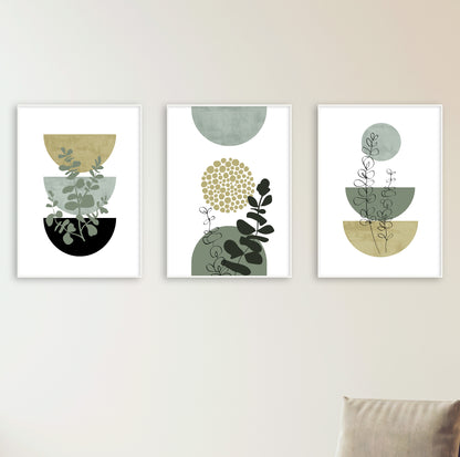 A trio of coordinated botanical prints in green, beige, and black with clean, abstract shapes.

