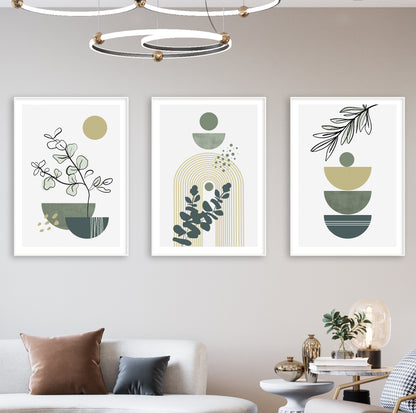 Decorative abstract wall set with soft tones and plant illustrations in line art.


