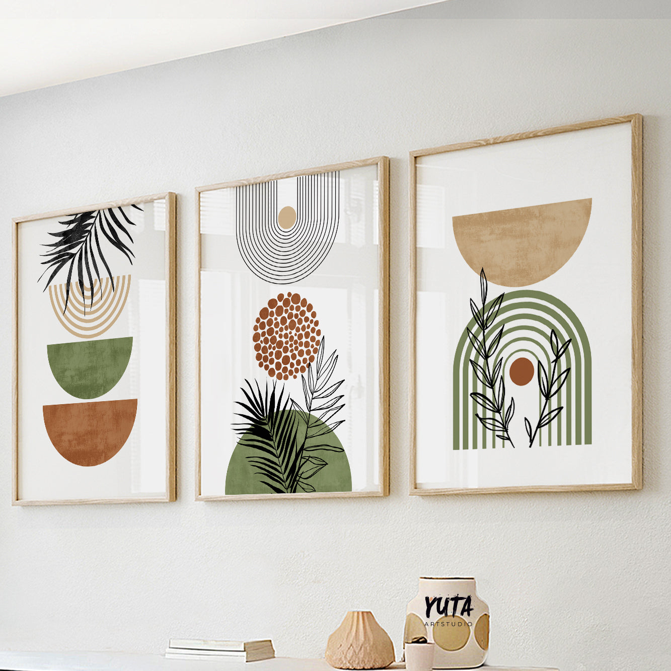 Abstract Scandinavian wall decor in neutral green and brown colors
