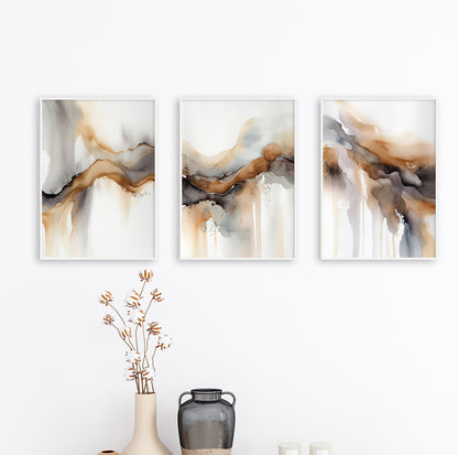 Neutral abstract artwork showing dynamic fluid ink patterns in warm hues of brown, gray, and cream.

