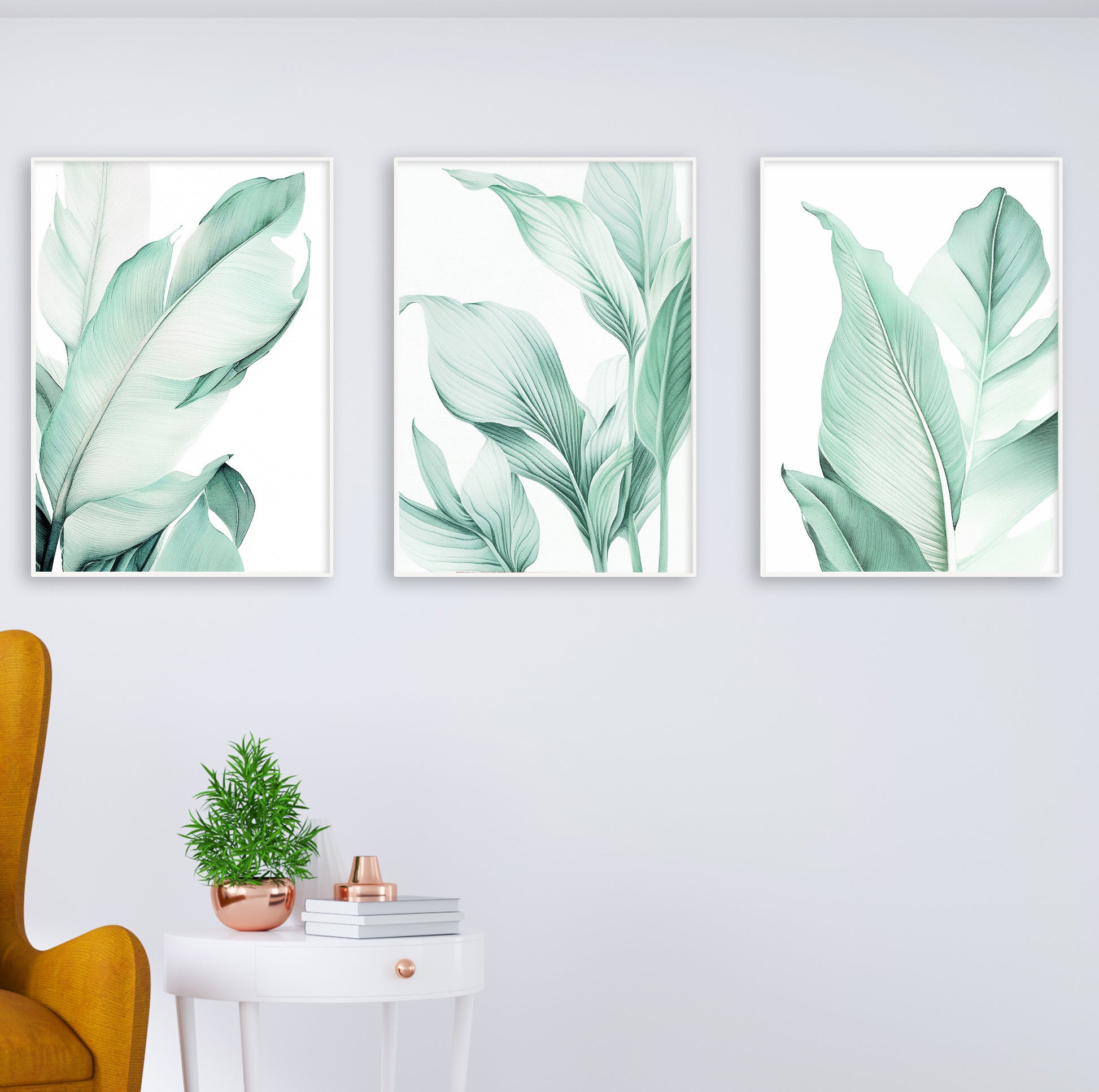 Soft botanical illustrations in green tones for Scandinavian-style or boho-inspired interior walls.

