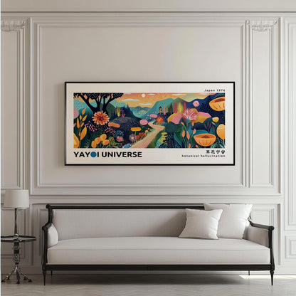 Narrow Japandi wall art – vibrant abstract mountains with floral patterns and Kusama inspiration.