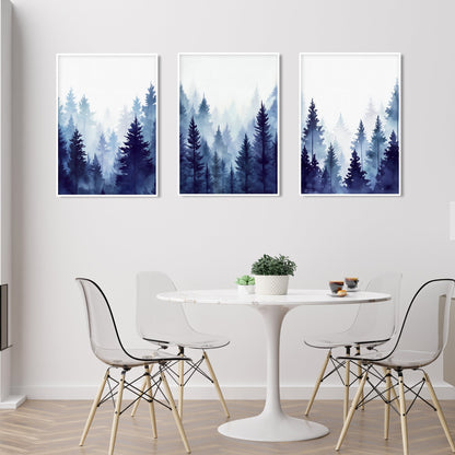Navy blue forest art prints with foggy pine trees, Nordic nature wall decor.