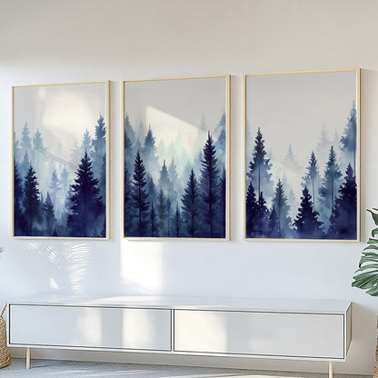 Blue-toned watercolor mountain wall art with pine trees and mist.