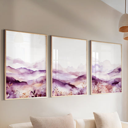 Lilac and pastel purple mountain landscape triptych in watercolor style, designed for modern minimalist wall decor in bedrooms or living rooms.