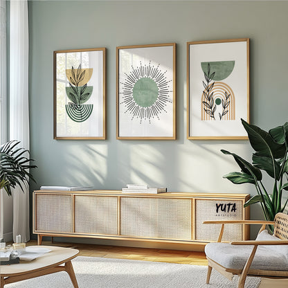 Neutral toned wall art trio with abstract sun and botanical design in sage and beige