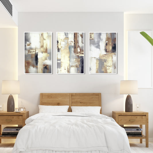 Abstract gold and beige wall art triptych set of 3, perfect for modern living room or bedroom.

