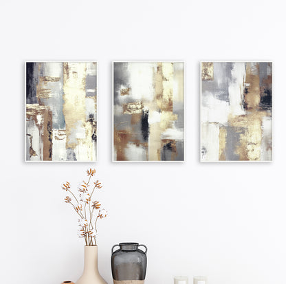 Gold beige textured abstract prints set of 3 for stylish living room walls