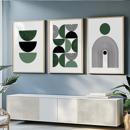 Green geometric wall art set in mid-century modern style, perfect for living room or bedroom.