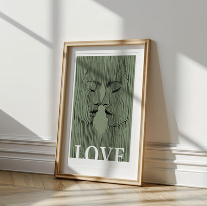 Sage Green Love Couple Portrait – Extra Large Abstract Kissing Lovers Print for Eclectic Room Decor