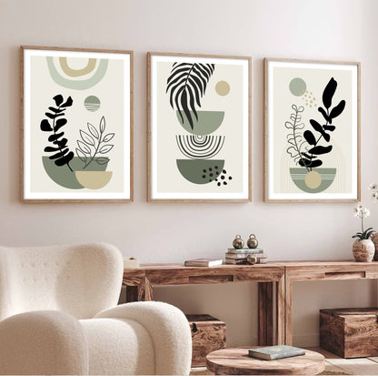 Green neutral boho art set with mid-century modern vibes, ideal for above bed decor.