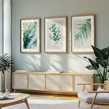 Detailed watercolor illustration of tropical leaves in calming green shades for modern wall decoration