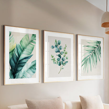 Modern tropical wall art decor with green leaves, perfect for living room, bedroom or office interior design