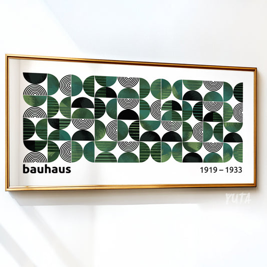 Horizontal Bauhaus wall art with emerald green and black geometric shapes, perfect for mid-century modern decor