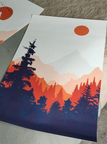 Set of 3 abstract mountain print. Modern three piece orange deep blue minimalist landscape poster, aesthetic room decor, housewarming gift - Mountain wall art - Digital Prints