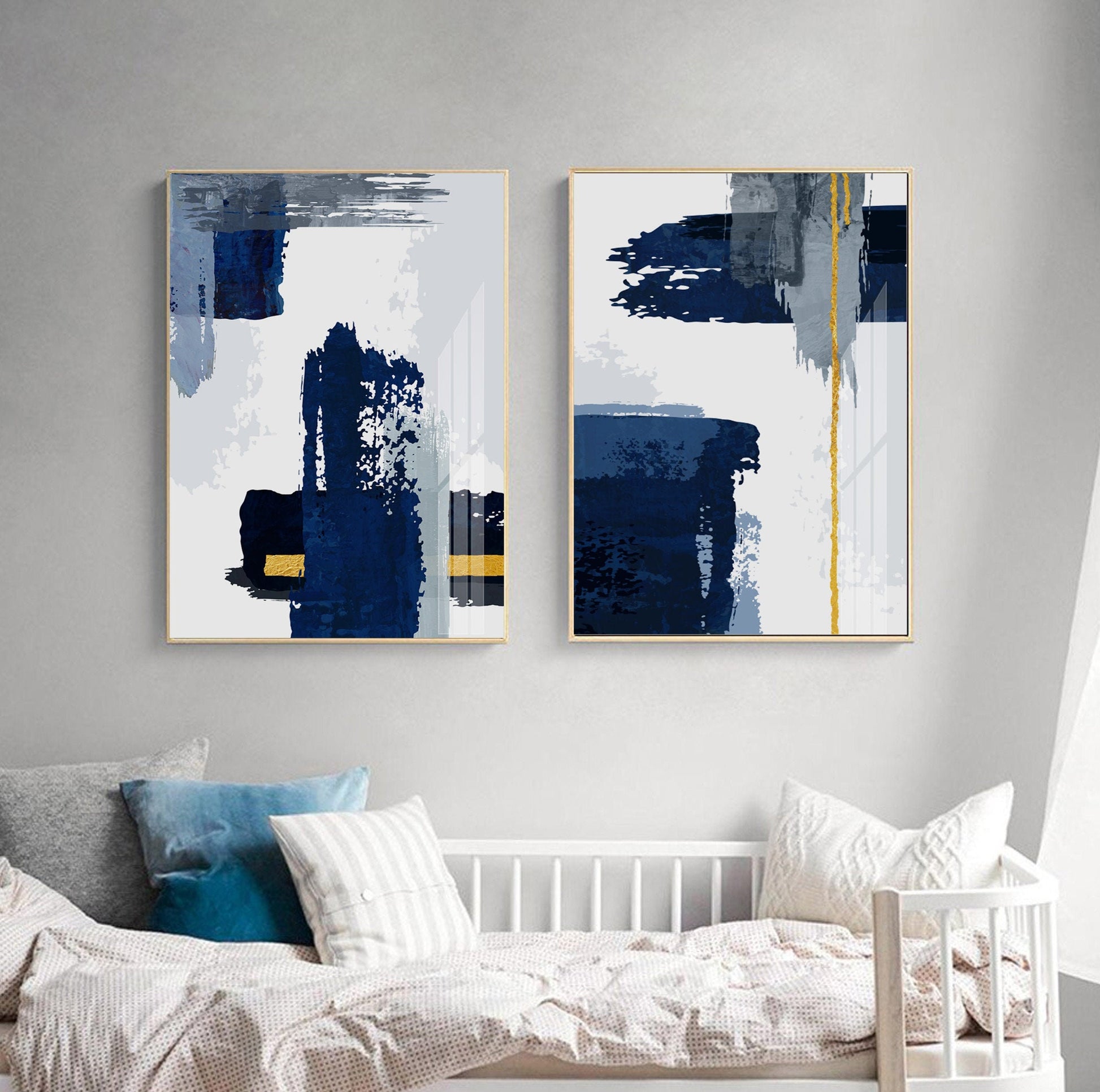 Navy Blue Abstract Print Set of 2 Minimalist Wall Art, Stroke Modern Scandinavian Large Canvas Art. Livingroom Aesthetic Posters - Abstract wall art - Digital Prints