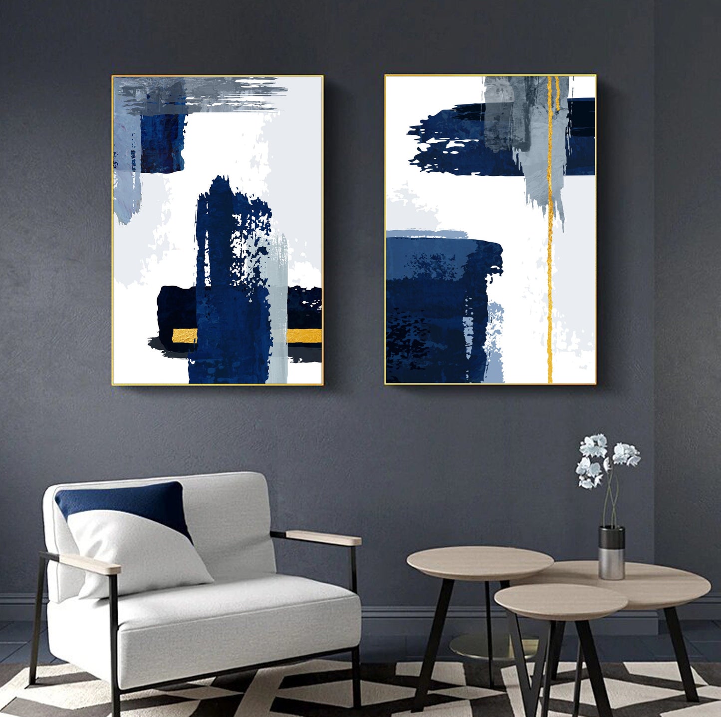 Navy Blue Abstract Print Set of 2 Minimalist Wall Art, Stroke Modern Scandinavian Large Canvas Art. Livingroom Aesthetic Posters - Abstract wall art - Digital Prints