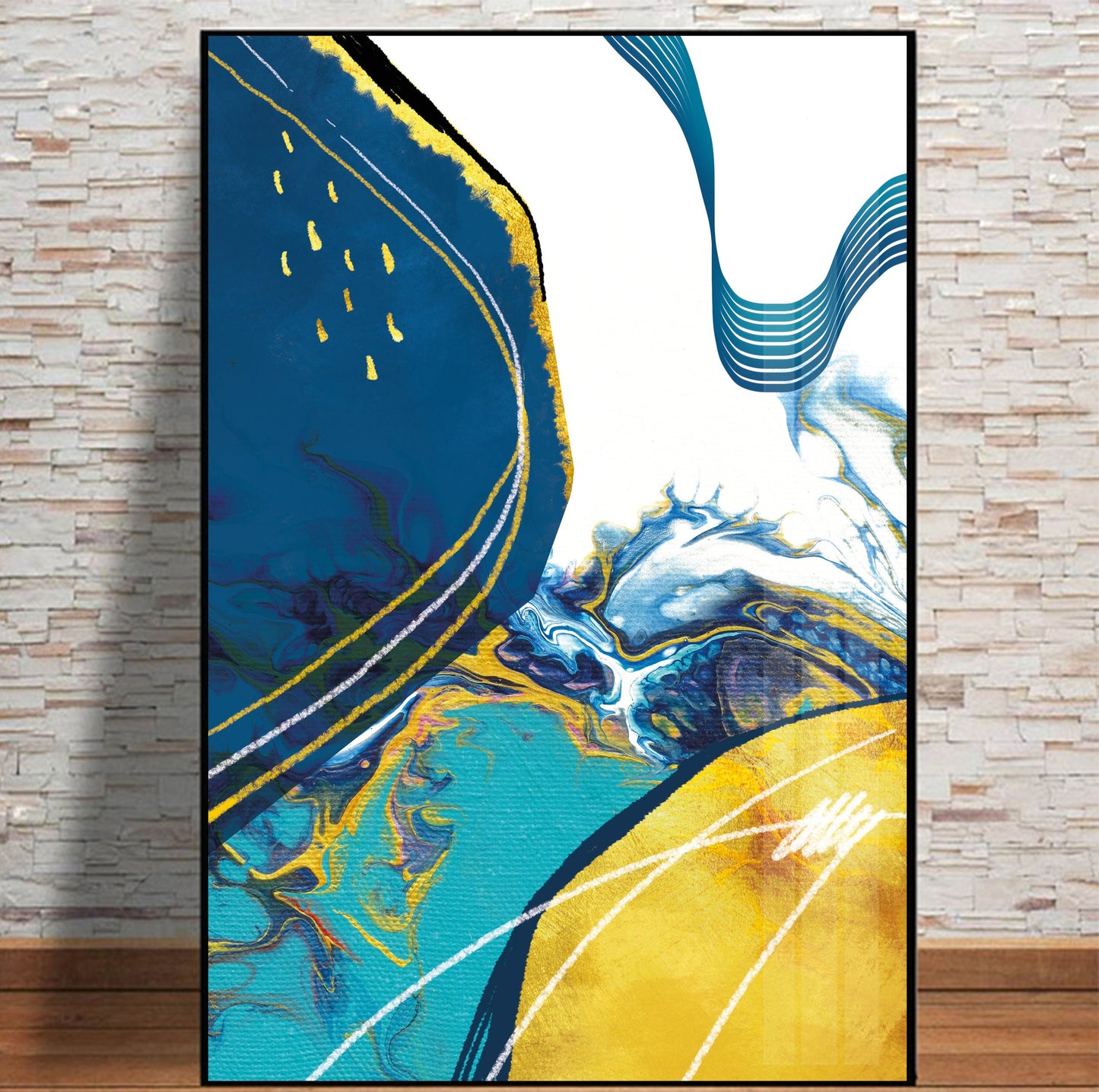 Colorful abstract brush art set of 2, Large wall art print, Modern gallery wall set, yellow blue gold geometric art prints - Abstract wall art - Digital Prints