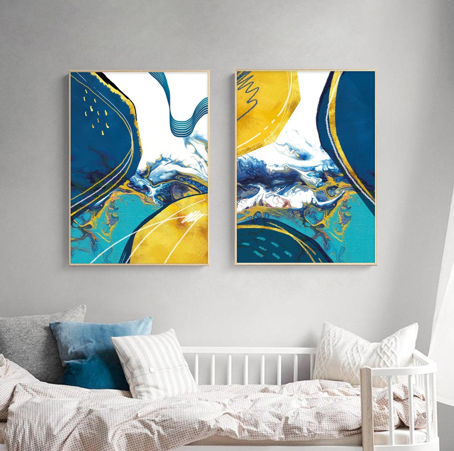 Colorful abstract brush art set of 2, Large wall art print, Modern gallery wall set, yellow blue gold geometric art prints - Abstract wall art - Digital Prints