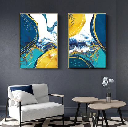 Colorful abstract brush art set of 2, Large wall art print, Modern gallery wall set, yellow blue gold geometric art prints - Abstract wall art - Digital Prints