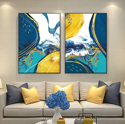 Colorful abstract brush art set of 2, Large wall art print, Modern gallery wall set, yellow blue gold geometric art prints - Abstract wall art - Digital Prints