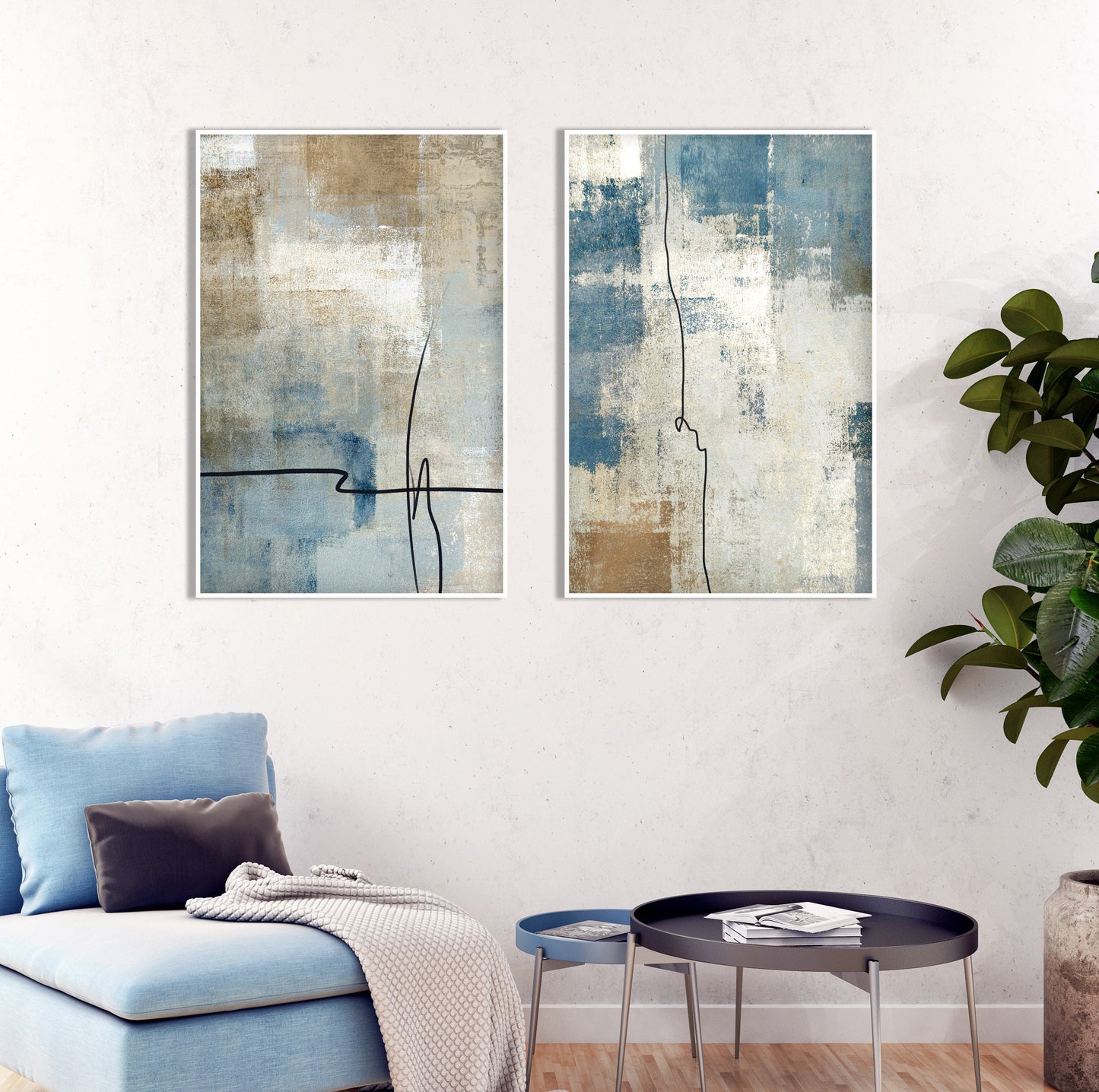 Blue beige brash stroke abstract print set of 2 minimalist wall art prints, Modern simple neutral extra large size two part wall art poster - Abstract wall art - Digital Prints