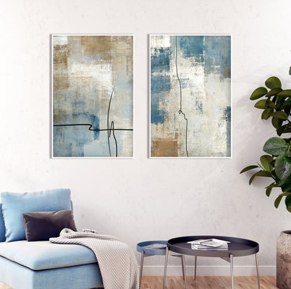 Blue beige brash stroke abstract print set of 2 minimalist wall art prints, Modern simple neutral extra large size two part wall art poster - Abstract wall art - Digital Prints